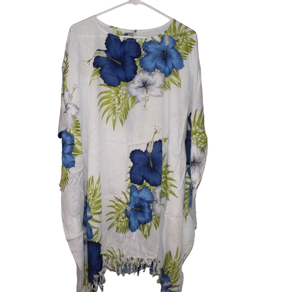 Aloha Wear Hawaiian One Size Fits Yellow Blue HIbiscus Flower Swimsuit Cover Up - Picture 2 of 6